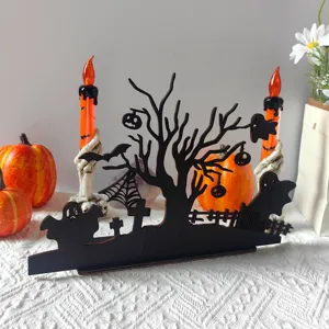 Detailed view of Halloween wooden centerpiece tabletop decoration with spooky tree and ghost design.