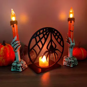 Set decorazione Halloween porta candela ragnatela in legno con mani scheletro LED luce