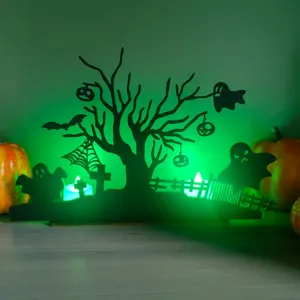 Halloween wooden decorative tabletop centerpiece with led lights, spooky ghost tree design.