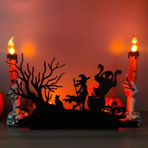 Halloween wooden silhouette decoration with LED light, spooky tree witch and ghost design.
