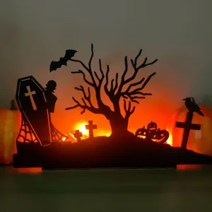 Halloween wooden LED lighted tabletop decoration with spooky tree coffin pumpkin design.