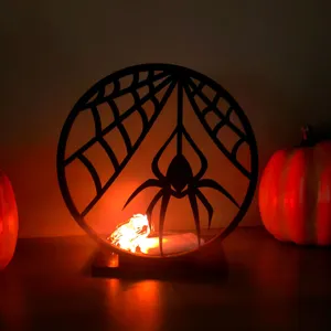Decorazione di Halloween in legno con ragnatela e luci LED, ideale per interni ed eventi festivi.
