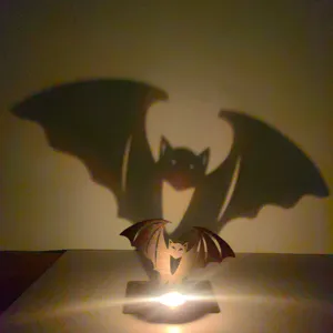 Halloween wooden projection candle holder tabletop decorative bat ornament with LED light.