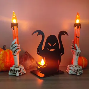 Supporto espositore fantasma in legno illuminato di Halloween e portacandele scheletro.