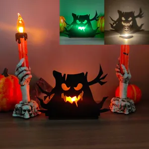 Decorazione da tavola luminosa in legno di Halloween albero spettrale e portacandele teschio
