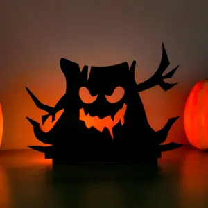 Halloween ceppo d'albero in legno LED portacandela dettaglio, decorazione da tavola spaventosa.