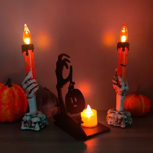 Portacandela mano di scheletro di Halloween decorazione da tavola con luci LED e dettagli spettrali
