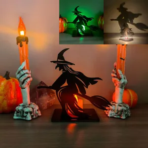 Halloween legno strega ombra proiezione portacandela decorazione dettagli e luci.