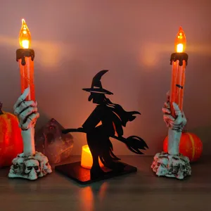 Halloween legno strega silhouette LED portacandela set spettrale festa decorazione tavolo