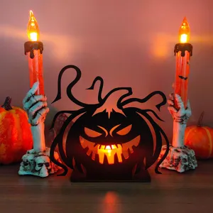 Halloween zucca di legno porta candela mano scheletro luce LED decorazione tavola dettaglio