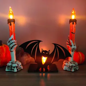 Centrotavola LED pipistrello in legno di Halloween con portacandele mano di scheletro.