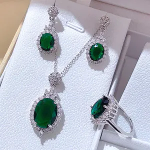 Lussuoso Set di Gioielli in Rame Zirconia per Donna Elegante Set di Orecchini Collana Anello con Pietre Preziose Ovali Colorate