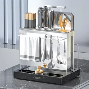 Multifunctional Stainless Steel Kitchen Knife Holder Countertop Storage Rack Integrated Cutlery Organizer Drain Tray Rack