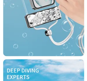 Transparent waterproof phone pouch detail view with white lanyard and bubbles background