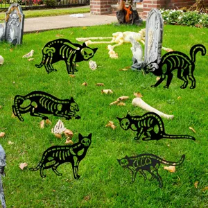 Estacas de jardín de metal con gato esqueleto de Halloween, decoración de césped espeluznante.