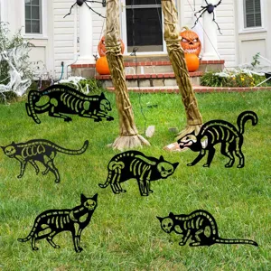 Halloween gato esqueleto de metal negro estaca de jardin cesped decoracion detalle.