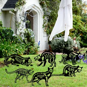 Estacas de jardín de metal con esqueleto de gato para Halloween, decoraciones de césped.