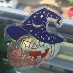 Pegatina de ventana holográfica atrapasol de Halloween calabaza sombrero de bruja arcoíris