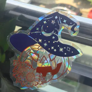 Adhesivo Atrapasol Holografico para Ventana de Halloween Sombrero Bruja Calabaza Girasoles