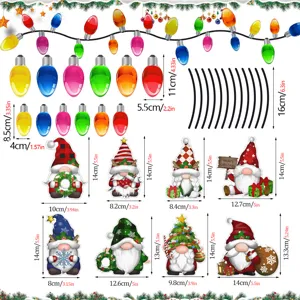 Set di adesivi magnetici riflettenti con gnomi natalizi e dimensioni dettagliate.