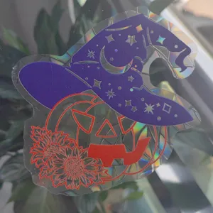 Pegatina atrapasol holográfica de Halloween, sombrero de bruja calabaza vinilo para ventana.