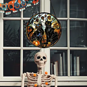 Targa appesa in acrilico con gatto nero luminoso di Halloween, decorazione per finestra.