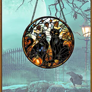 Halloween Gatto Nero Targhetta Sospesa Acrilico Vetro Stained Decorazione Festa