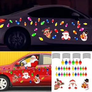 Christmas magnetic reflective car stickers featuring cute Santa snowman and colorful light bulbs.