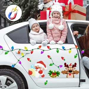 Christmas magnetic reflective car sticker featuring Santa, reindeer, and festive holiday lights.