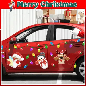 Christmas magnetic reflective car stickers set, snowman and Santa Claus decals for holiday decor.