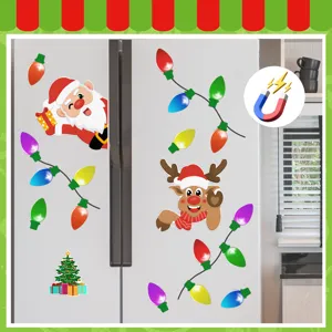 Christmas magnetic reflective stickers set, cute Santa and reindeer fridge car decor.