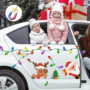 Detail view of Christmas magnetic car stickers with Santa, snowman, and reflective lights.