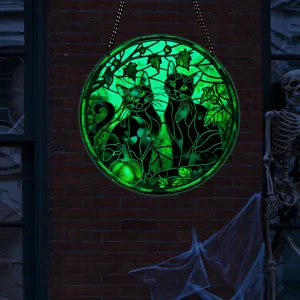 Cartello appeso in acrilico con gatto nero luminoso di Halloween, decorazione rotonda.