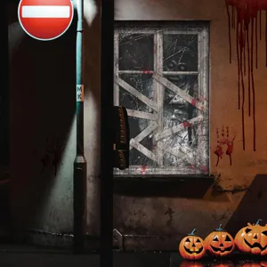 Halloween blutige Nonne Fenster Hängedekoration, gruselige Fake Fenster Stoff Detail.