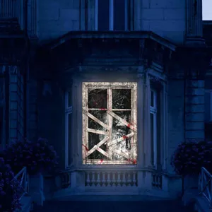 Detailansicht eines gruseligen Halloween blutigen Nonne Fensterbanners für schaurige Deko.