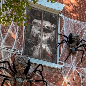 Halloween bloederige non raam banner achtergrond met grote enge pluche spinnen decor.