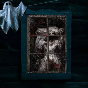 Halloween bloederige non nep raam stof decoratieve schilderij detail opname griezelig.