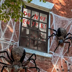 Detailansicht der blutigen Halloween-Fensterdekoration mit gruseligem Schatten und Spinnen.