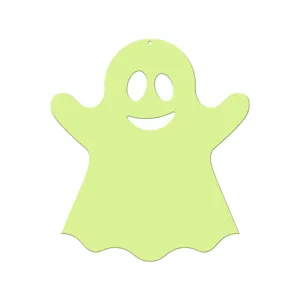 Close-up detail of the luminous green ghost hanging wall sticker, showing cutout face and top hole.