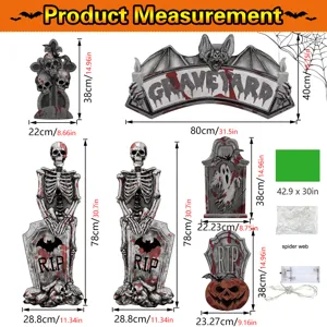 Halloween skeleton tombstone decoration set with bat sign, spider webs and battery lights.