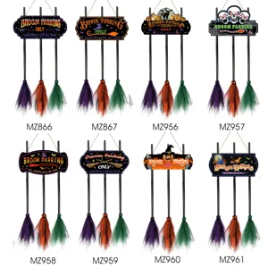 Halloween witch broom parking wooden hanging sign spooky festival party door wall decor.