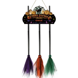 Halloween witch broom parking wooden hanging sign with colorful bristles and festive decor.