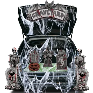 Halloween car trunk decoration set featuring scary skeletons tombstones and spider webs.