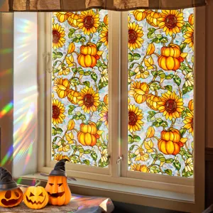 Halloween Window Sticker Pumpkin Sunflower Stained Glass Decorative Static Cling Privacy Film