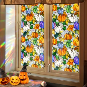 Halloween stained glass window sticker featuring colorful pumpkin designs for holiday decor.