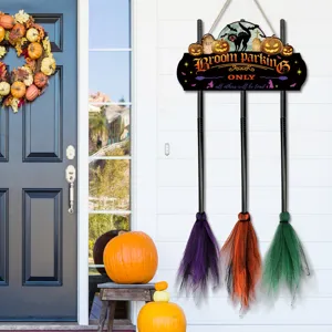 Halloween wooden witch broom parking hanging sign with tulle brooms for front door decoration.