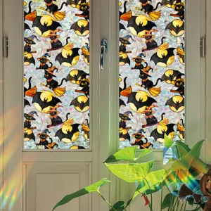 Halloween window film static cling privacy stained glass sticker decorative bat black cat