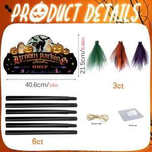 Halloween witch broom parking sign decor set with wooden plaque, mesh brooms and poles.