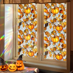 Halloween pumpkin stained glass window sticker detail showing translucent autumn leaf patterns.