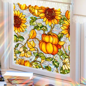 Stained glass window film sunflower pumpkin autumn seasonal home decor static cling sticker